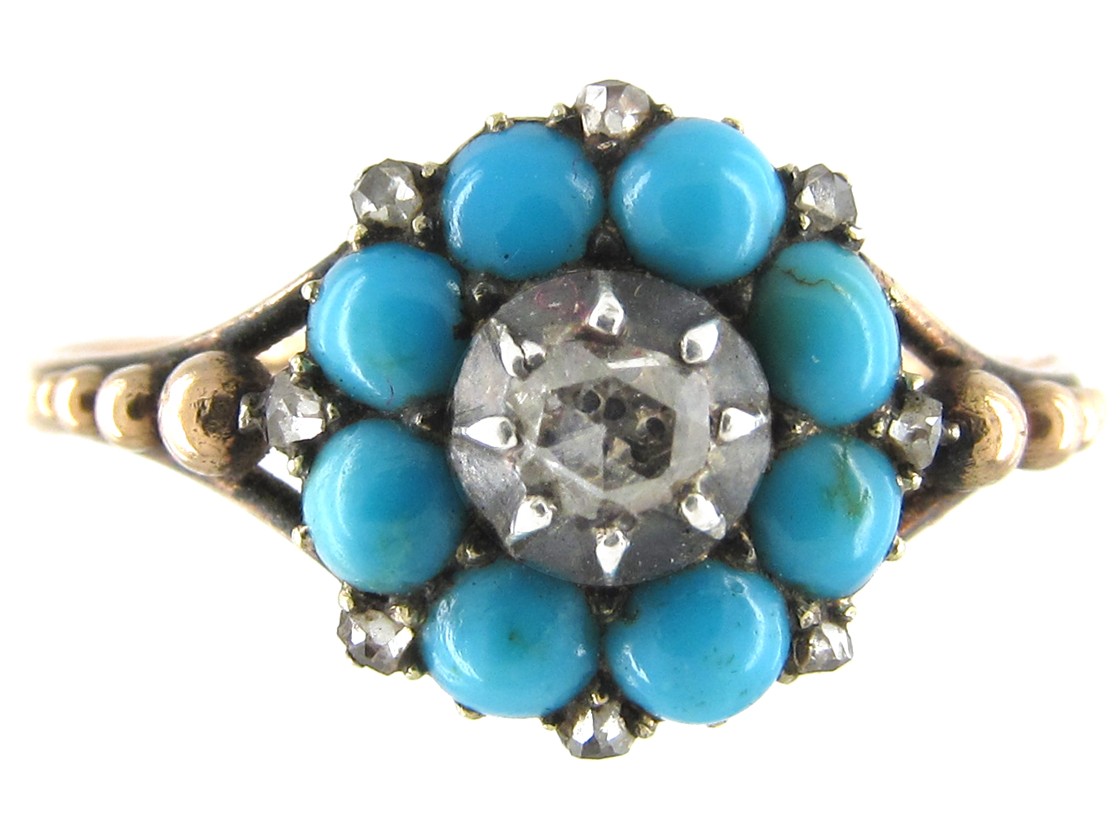 French Regency Turquoise & Diamond Cluster Ring - The Antique Jewellery