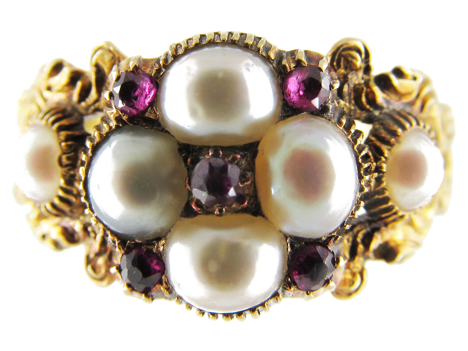 Natural Pearl & Ruby Cluster Regency Ring - The Antique Jewellery Company