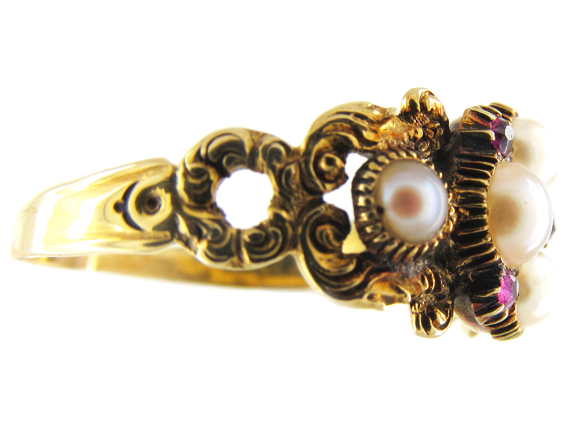 Natural Pearl & Ruby Cluster Regency Ring - The Antique Jewellery Company