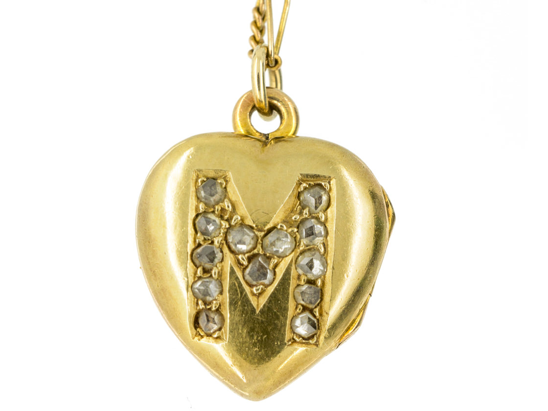 18ct Gold Edwardian Heart Locket set with the Letter "M" in Diamonds on