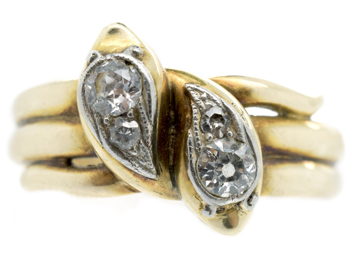 Edwardian 18ct Gold, Platinum & Diamond Double Snake Ring - The Antique