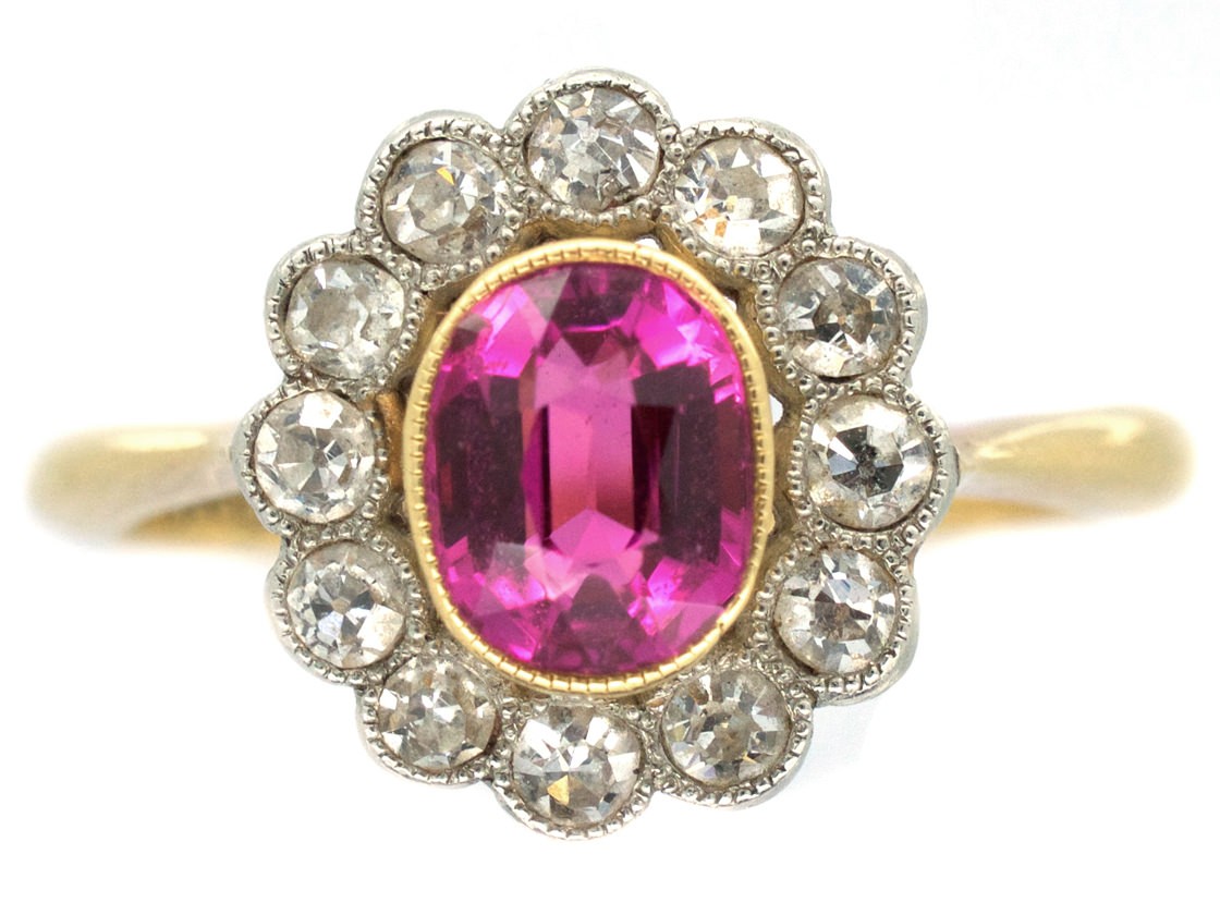 Edwardian Pink Sapphire & Diamond Cluster Ring - The Antique Jewellery