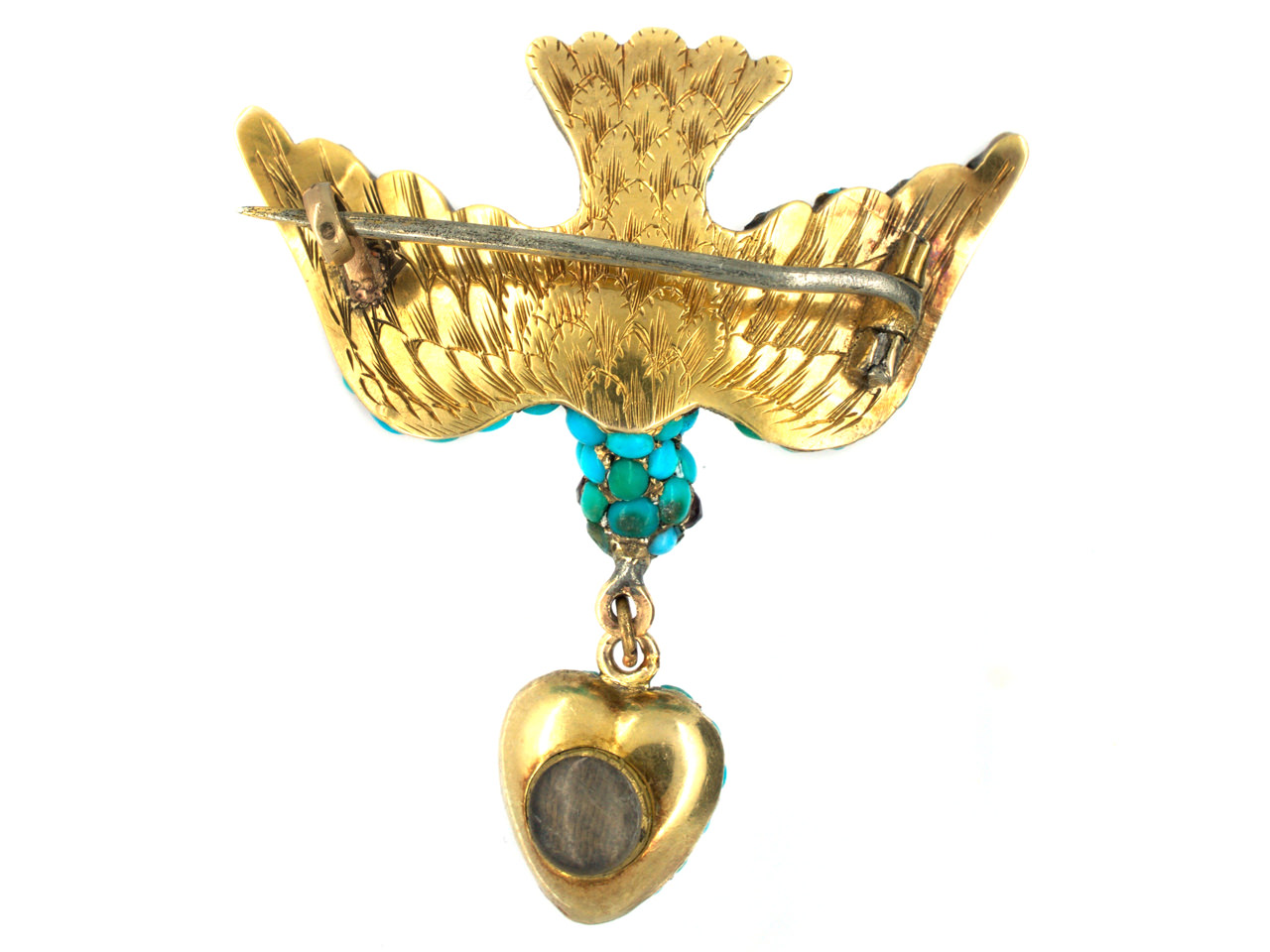 Georgian 18ct Gold & Turquoise "Dove of Peace" Brooch with Heart Drop