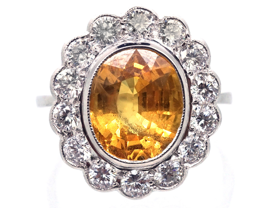 18ct White Gold Yellow Sapphire & Diamond Cluster Ring - The Antique