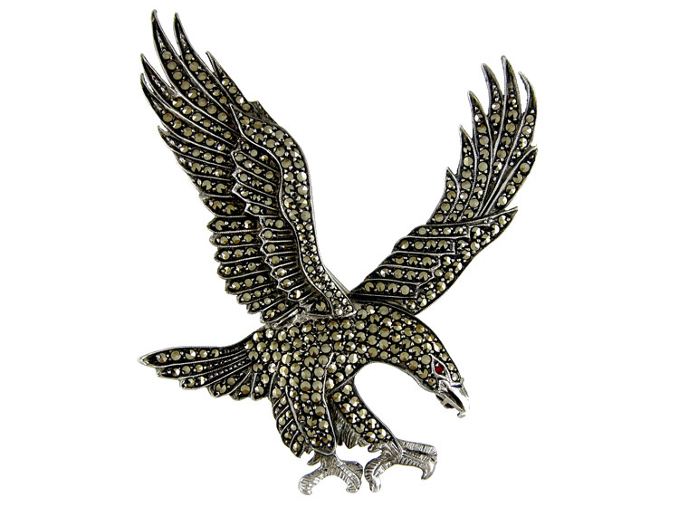 Large Silver & Marcasite Eagle Brooch - The Antique Jewellery Company