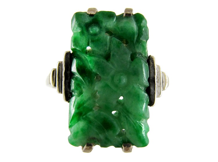 Carved Jade White Gold Art Deco Ring - The Antique Jewellery Company