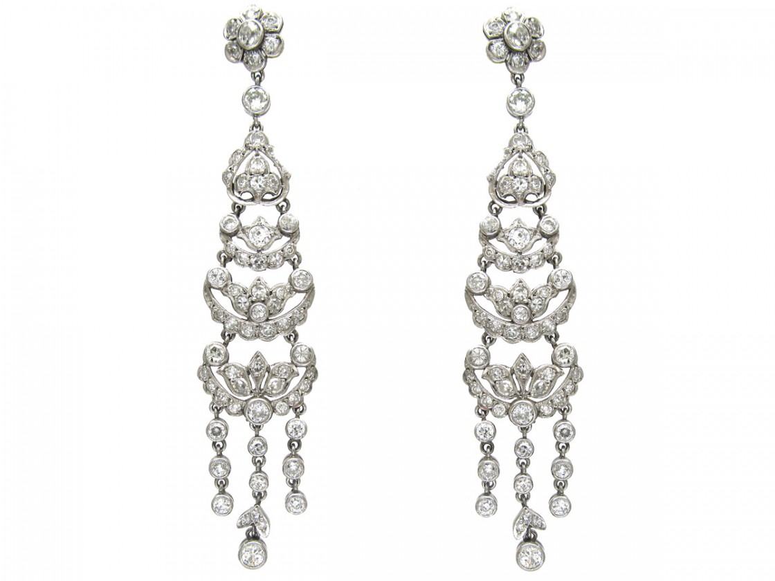 Edwardian Platinum & Diamond Long Drop Earrings - The Antique Jewellery ...