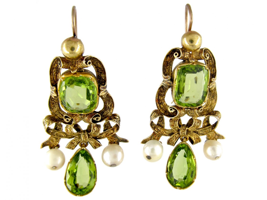 Peridot & Pearl Gold Drop Earrings - The Antique Jewellery Company