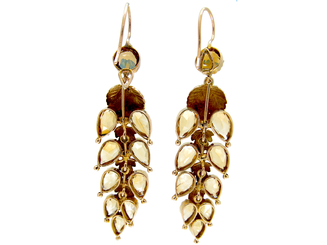 Georgian Gold Citrine Leaf Drop Earrings - The Antique Jewellery Company