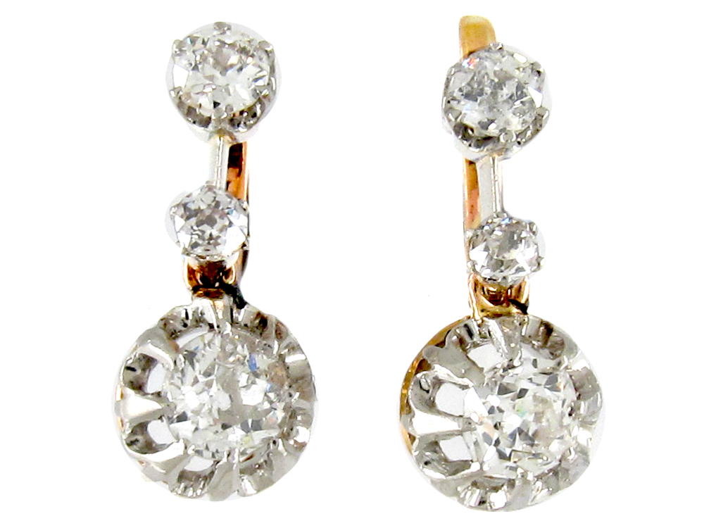 French Three Stone Diamond Drop Earrings - The Antique Jewellery Company