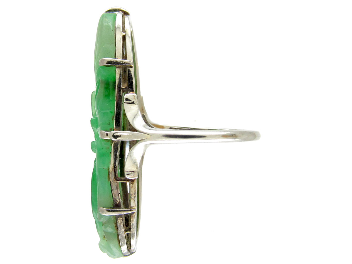 Art Deco Carved Jade 18ct White Gold Ring - The Antique Jewellery Company