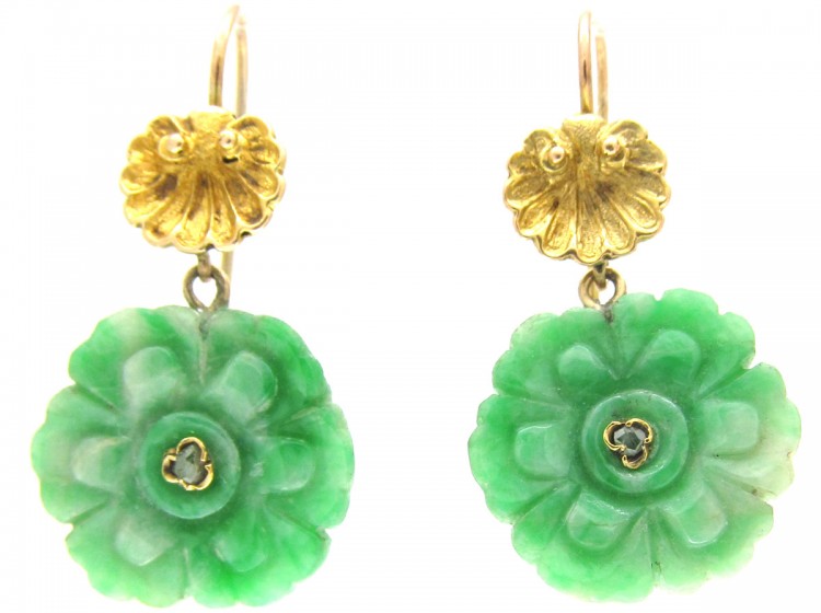 Diamond & Jade Flower Earrings - The Antique Jewellery Company