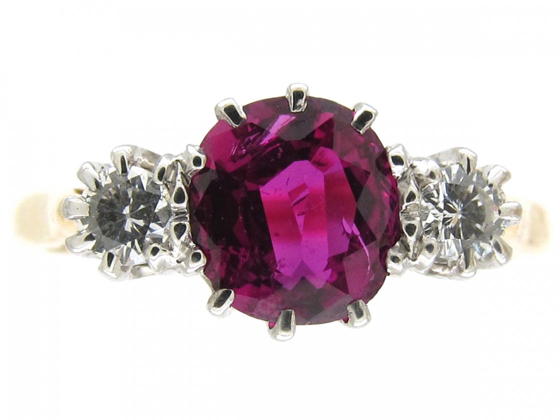 Ruby & Diamond Three Stone Ring - The Antique Jewellery Company