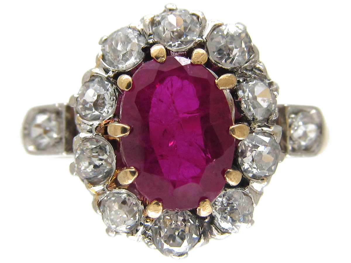 Edwardian Ruby & Diamond Cluster Ring - The Antique Jewellery Company