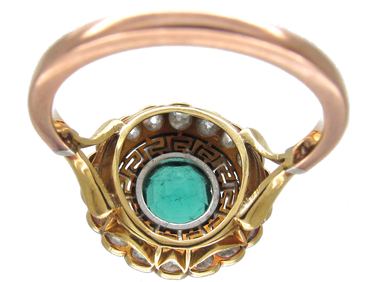 Art Deco Emerald & Diamond Target Ring with Key Design Detail - The