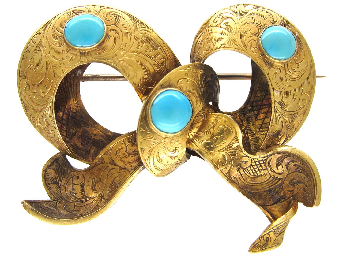 Victorian 15ct Gold & Turquoise Bow Brooch - The Antique Jewellery Company