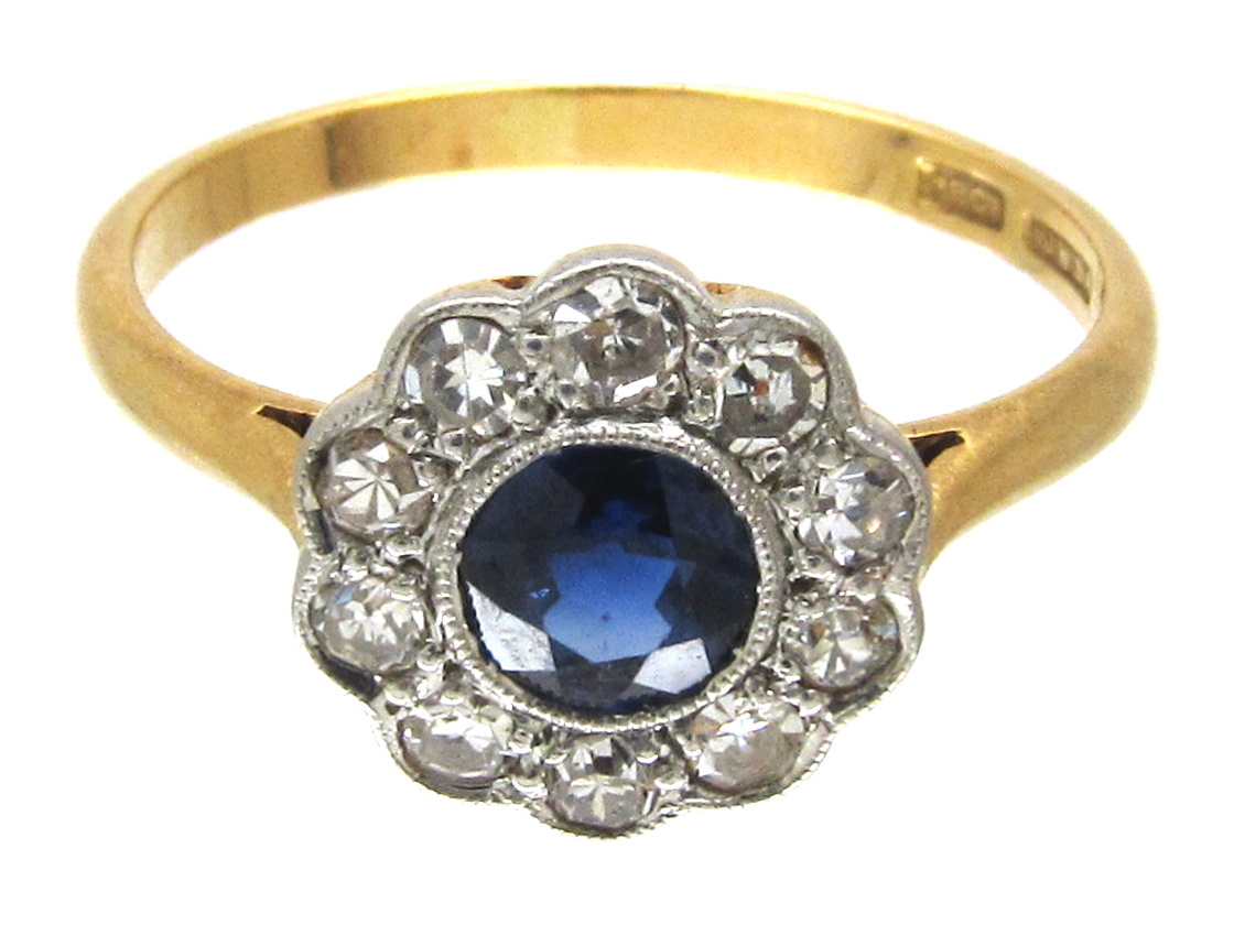 Edwardian Sapphire & Diamond Cluster Ring - The Antique Jewellery Company