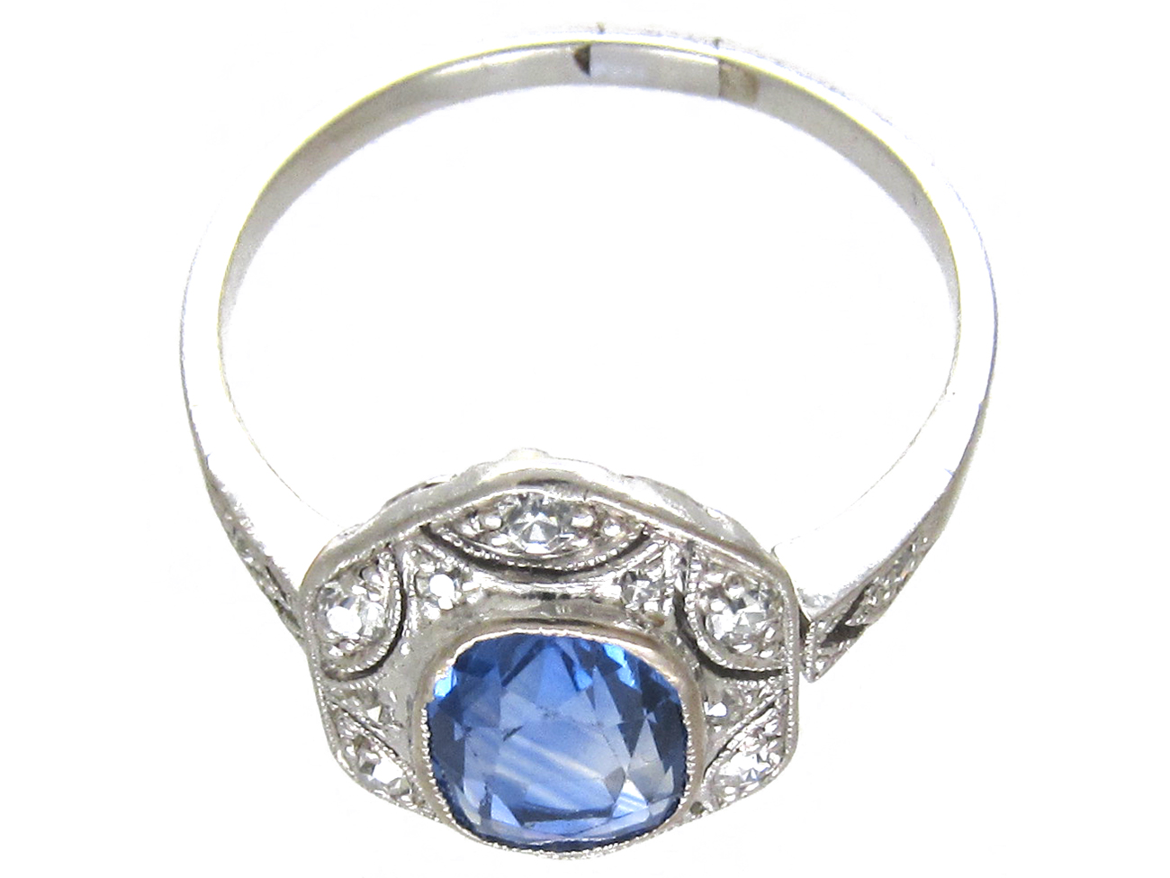 Art Deco Ceylon Sapphire & Hexagonal Diamond Ring - The Antique