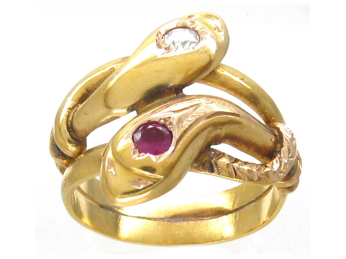 18ct Gold Double Snake Ring set with a Ruby & Diamond - The Antique