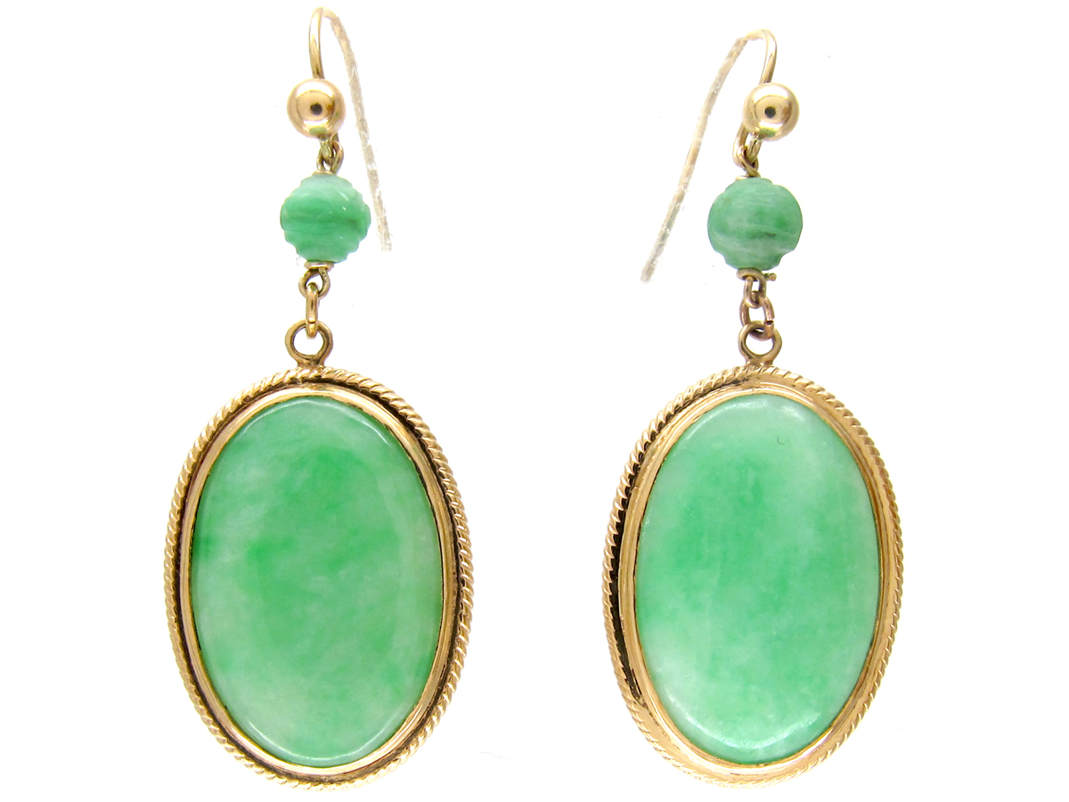 Oval 18ct Gold & Jade Drop Earrings - The Antique Jewellery Company