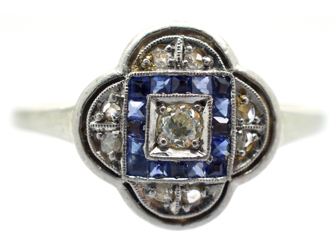 Art Deco Quatrefoil Diamond & Sapphire Ring - The Antique Jewellery Company