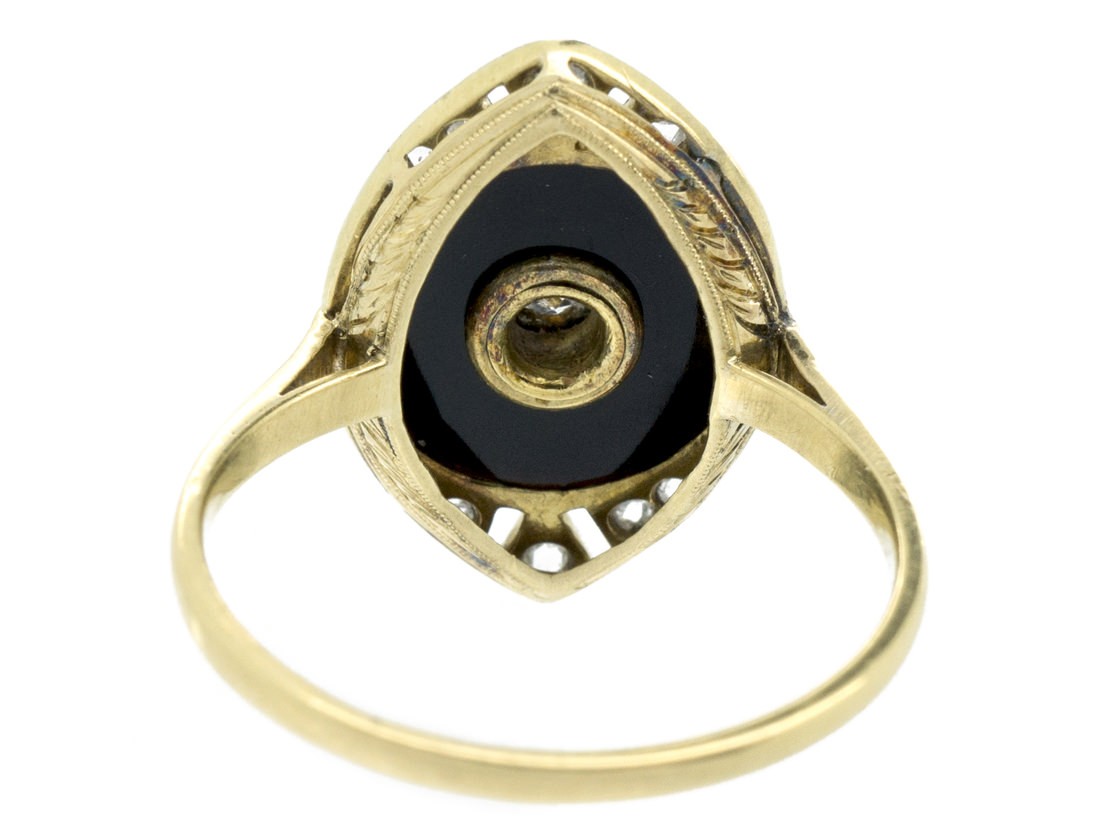 Art Deco 18ct Gold & Platinum Diamond, Onyx & Emerald Marquise shaped