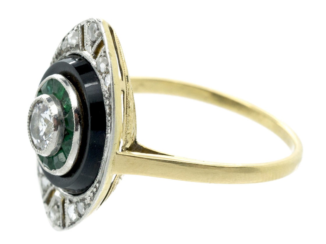 Art Deco 18ct Gold & Platinum Diamond, Onyx & Emerald Marquise shaped