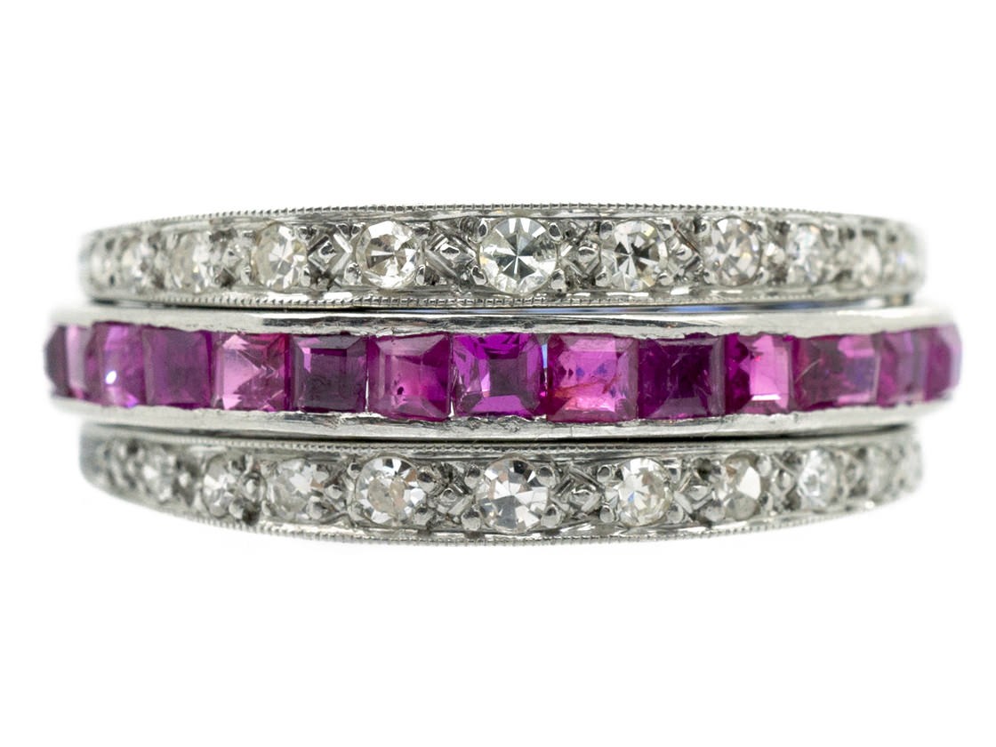 Art Deco 18ct White Gold Diamond Sapphire & Ruby Flipover Night & Day ...