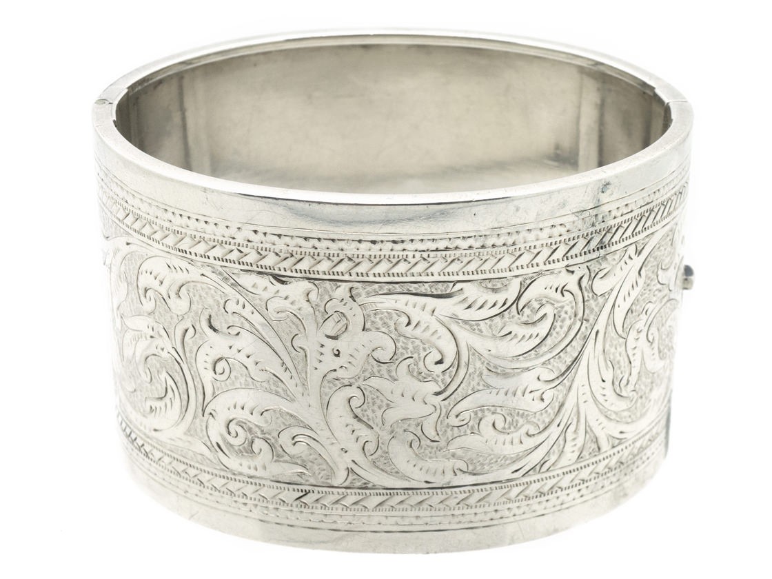 Victorian Wide Engraved Silver Bangle - The Antique Jewellery Company