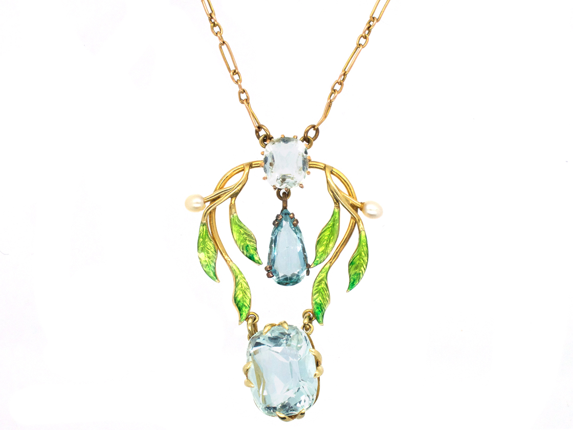 Art Nouveau 15ct Gold, Enamel & Aquamarine Pendant on Chain - The ...