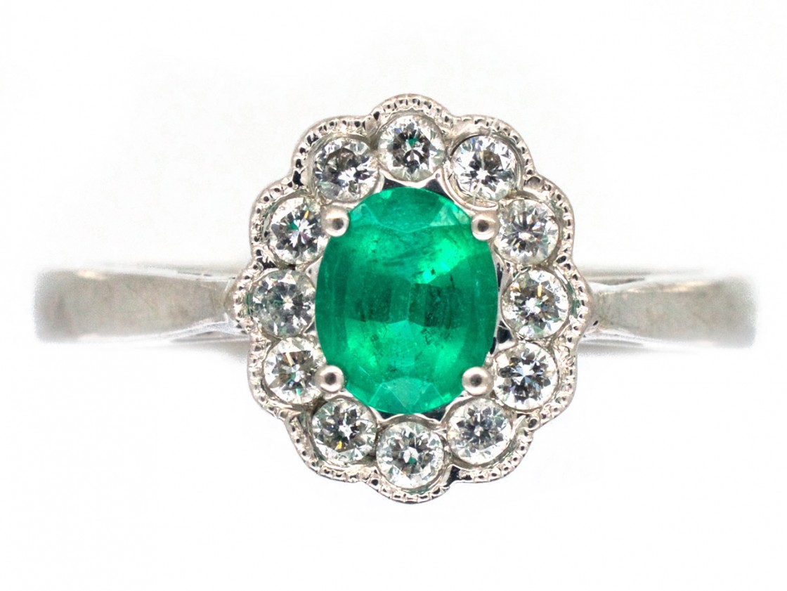 Emerald & Diamond Oval Cluster Ring - The Antique Jewellery Company