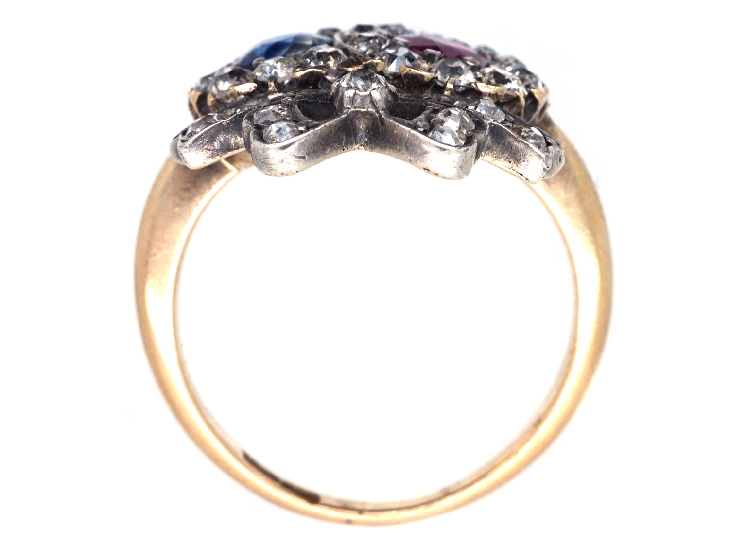 Victorian Double Heart Ring set with a Sapphire, Ruby & Diamonds - The