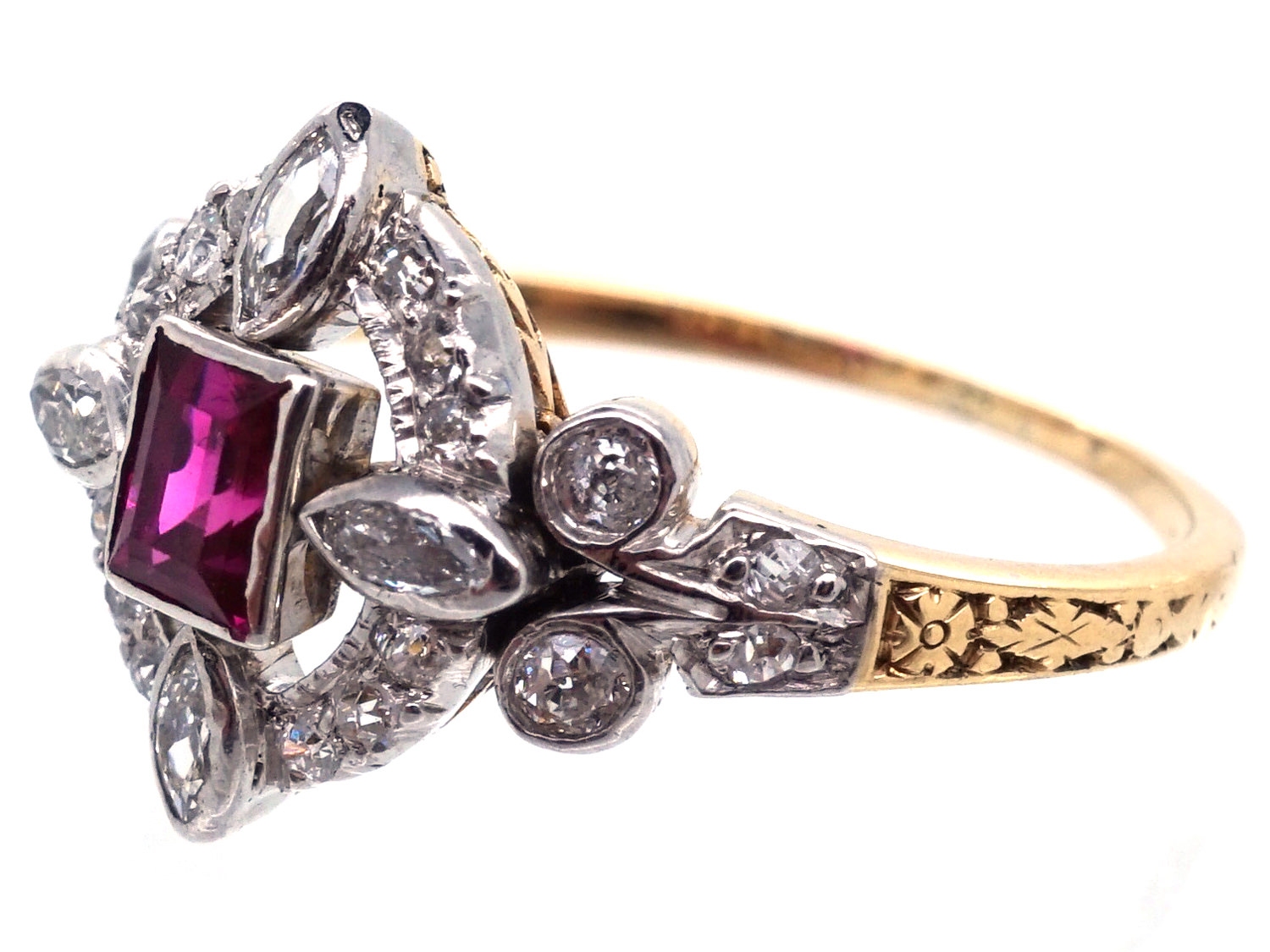 Edwardian Rectangular Ruby & Diamond Ring - The Antique Jewellery Company