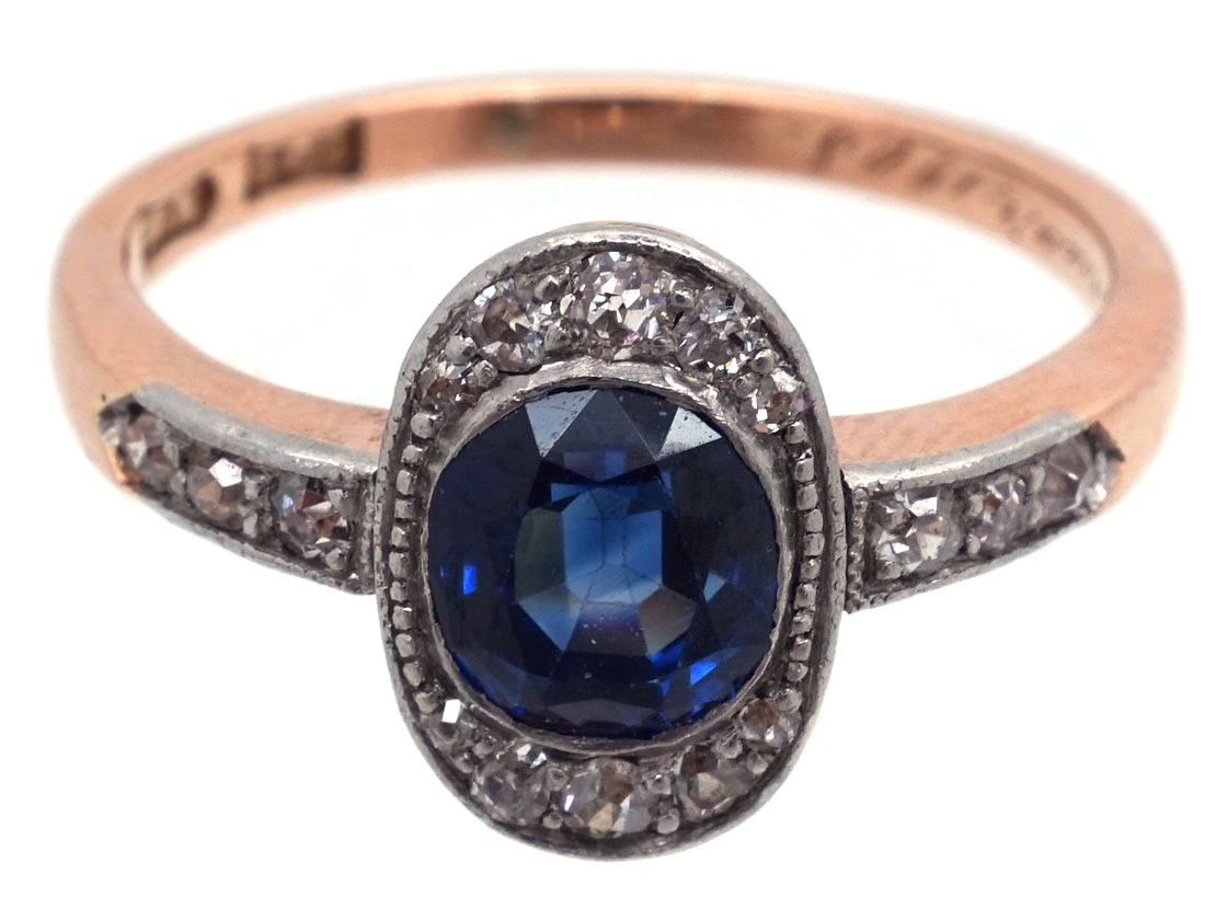 Art Deco Oval Sapphire & Diamond Ring with Diamond Shoulders - The