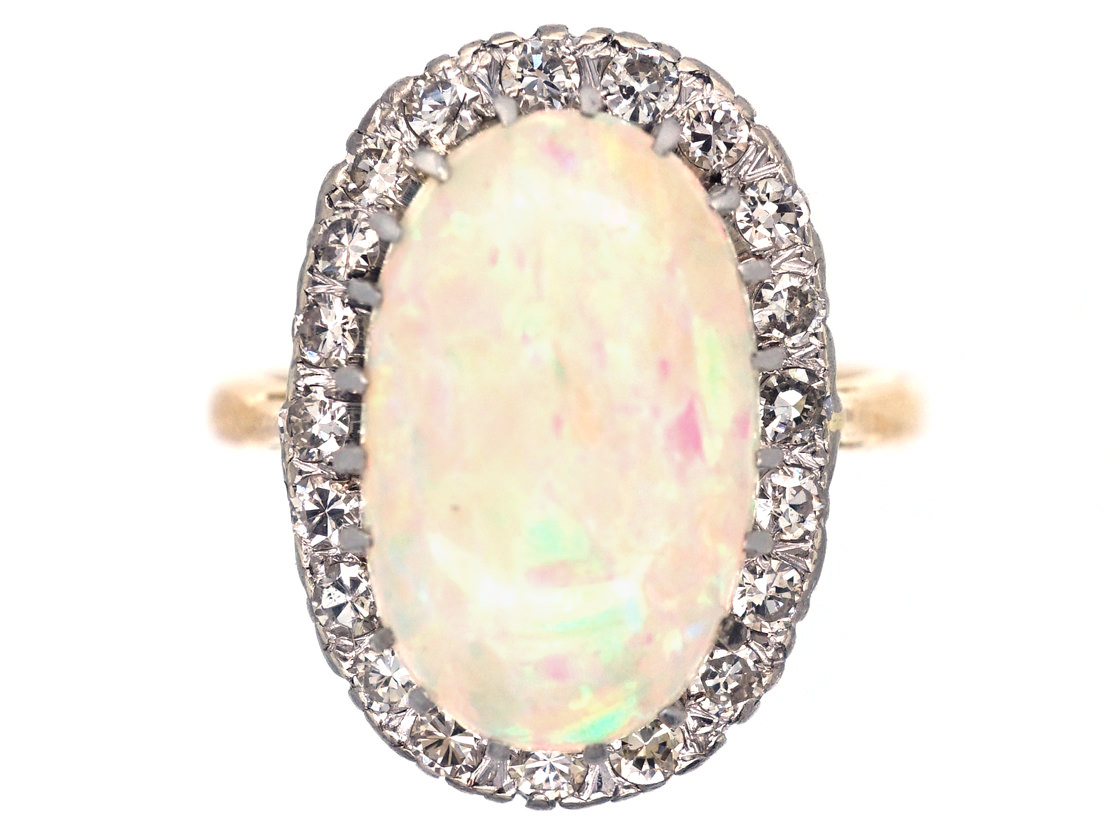 Large Opal & Diamond 18ct Gold Oval Ring - The Antique Jewellery Company
