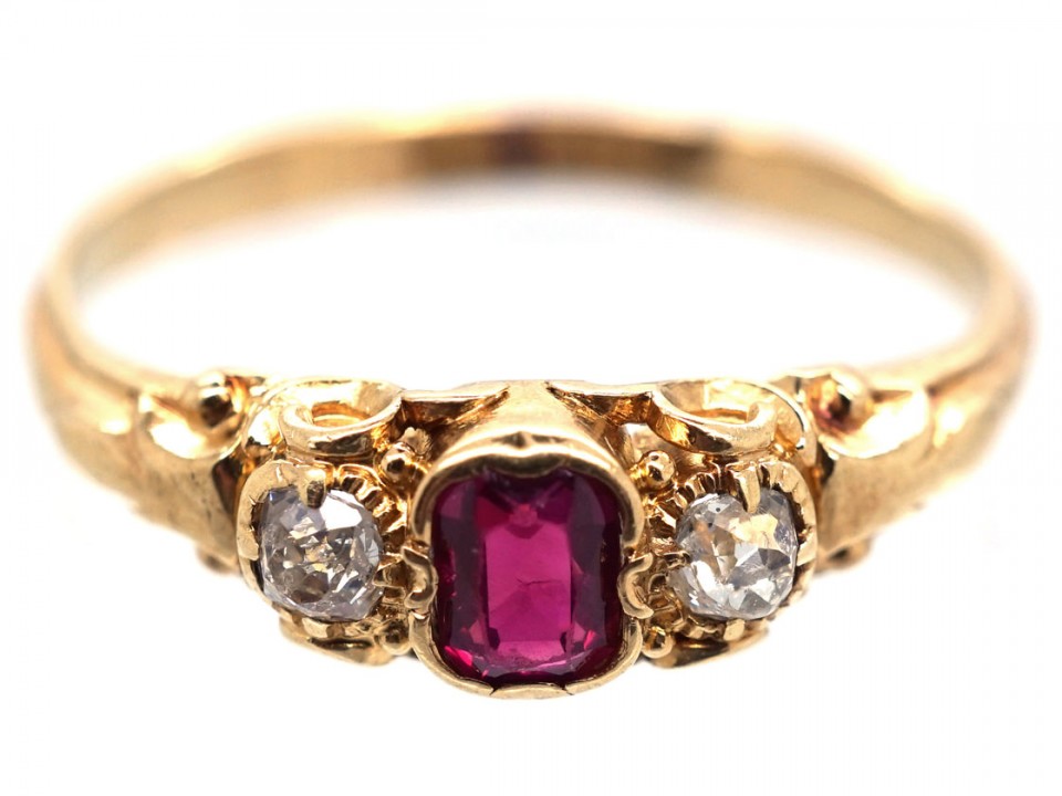 18ct Gold Ruby & Diamond Three Stone Ring - The Antique Jewellery Company