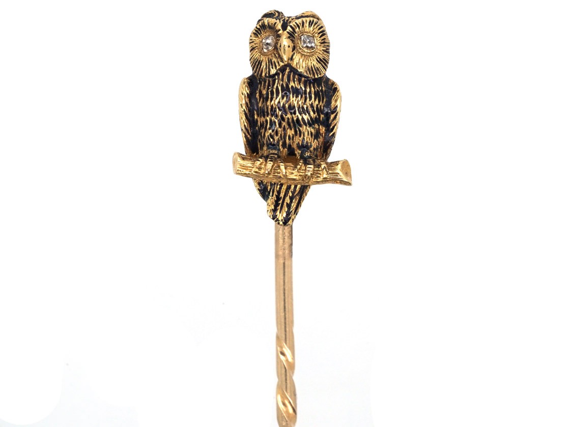 Victorian 18ct Gold Owl Stick Pin with Diamond Eyes - The Antique