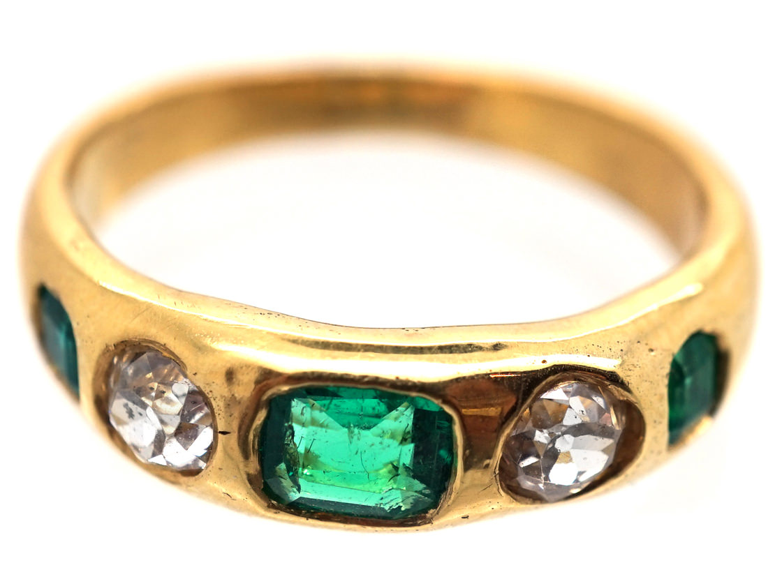 Victorian Diamond And Emerald Rub Over Set 18ct Gold Ring The Antique