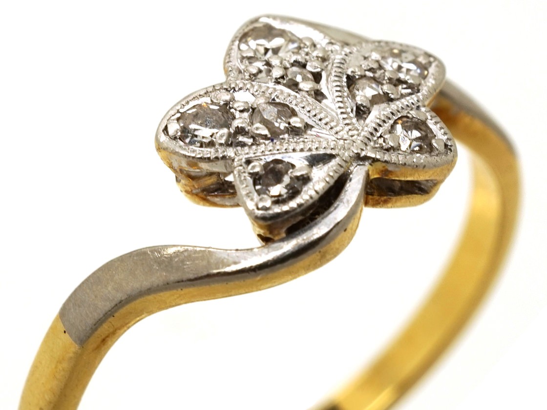 Edwardian 18ct Gold & Platinum Diamond Set Ivy Leaf Ring - The Antique