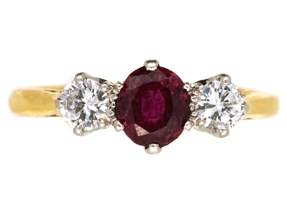 Ruby & Diamond Three Stone Ring - The Antique Jewellery Company