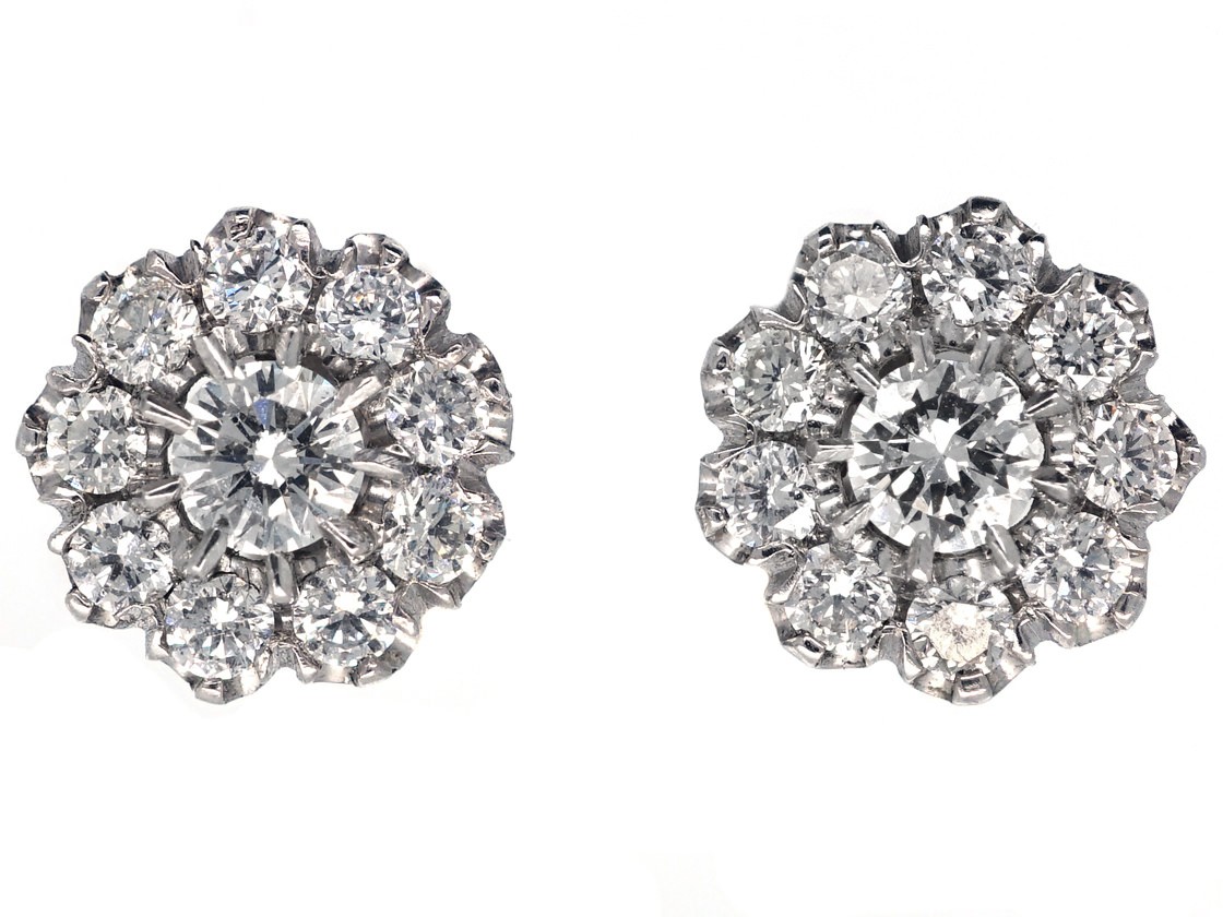 18ct White Gold Diamond Cluster Earrings - The Antique Jewellery Company