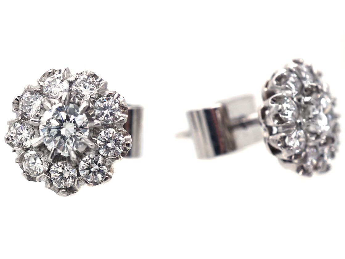 18ct White Gold Diamond Cluster Earrings - The Antique Jewellery Company