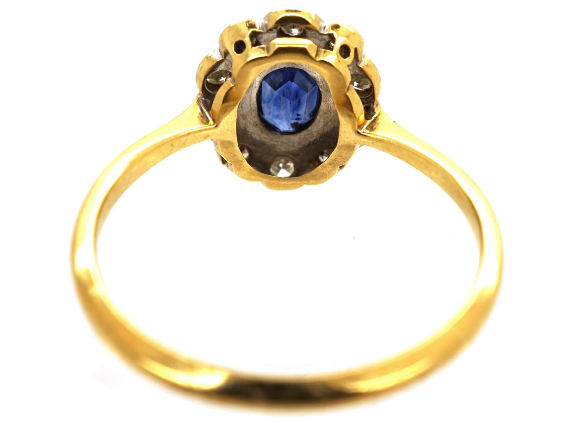 Edwardian 18ct Gold, Platinum, Sapphire & Diamond Oval Cluster Ring 