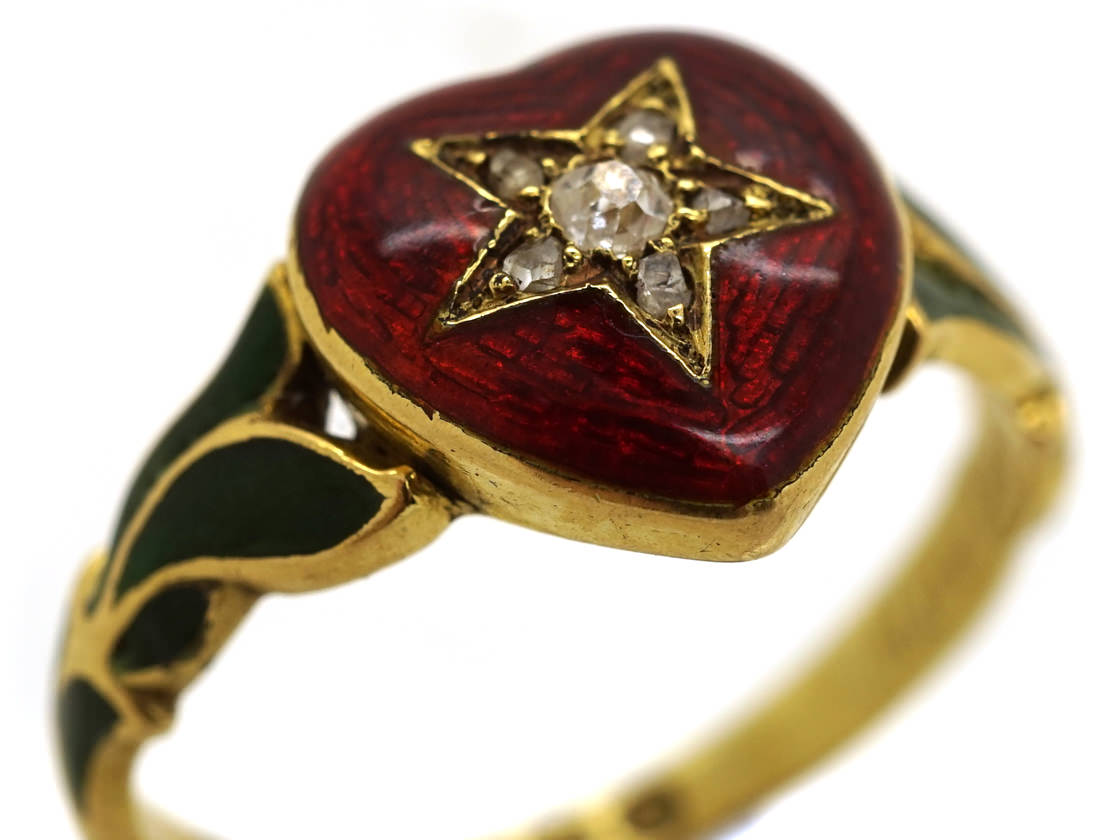 18ct Gold Red & Green Enamel & Diamond Heart Shaped Ring - The Antique