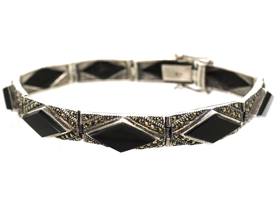 Art Deco Silver, Onyx & Marcasite Diamond Pattern Bracelet - The ...