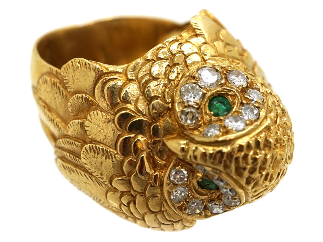 18ct Gold Owl Ring Set With Emeralds & Diamonds - The Antique Jewellery ...