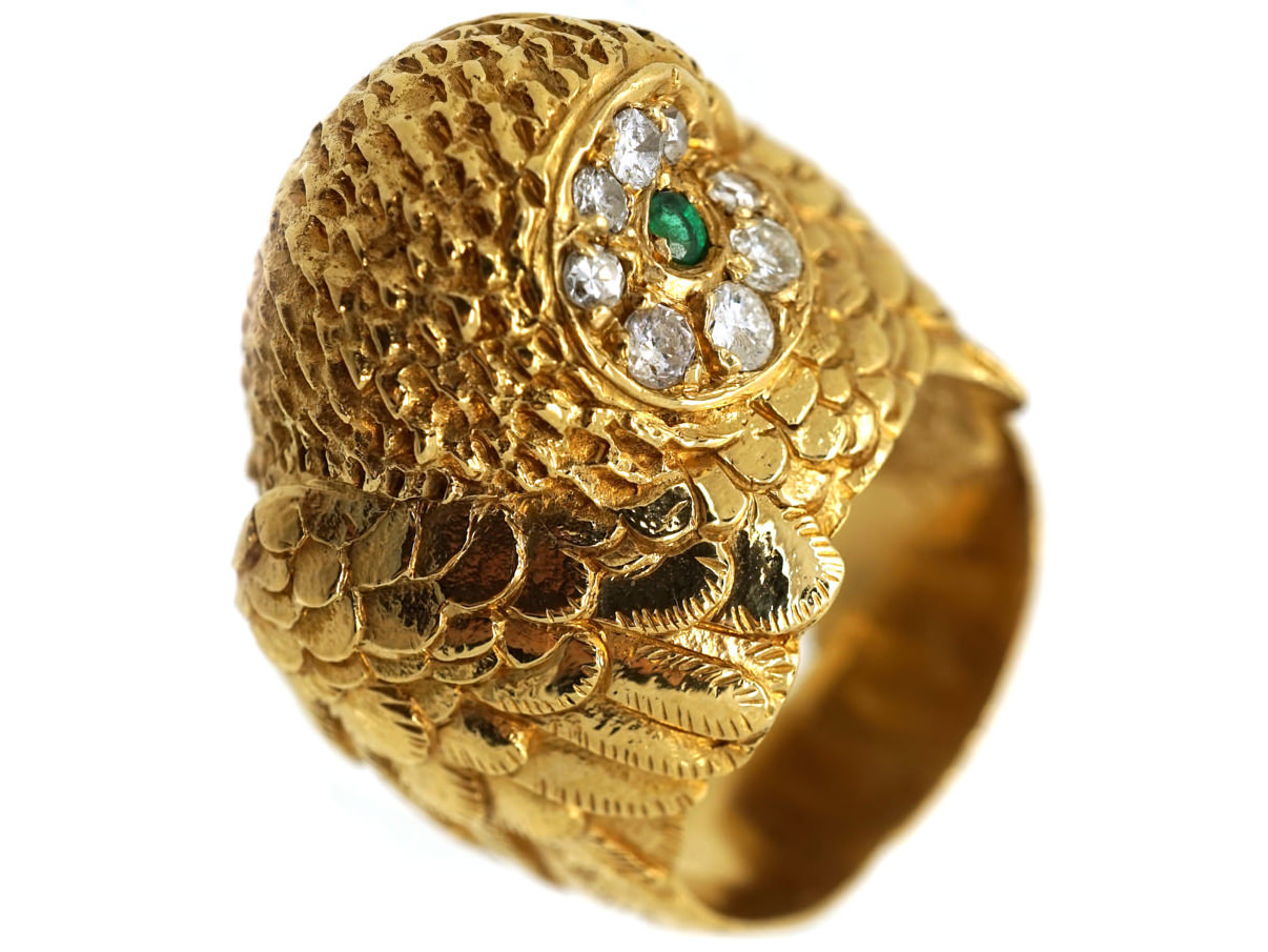 18ct Gold Owl Ring Set With Emeralds & Diamonds - The Antique Jewellery ...