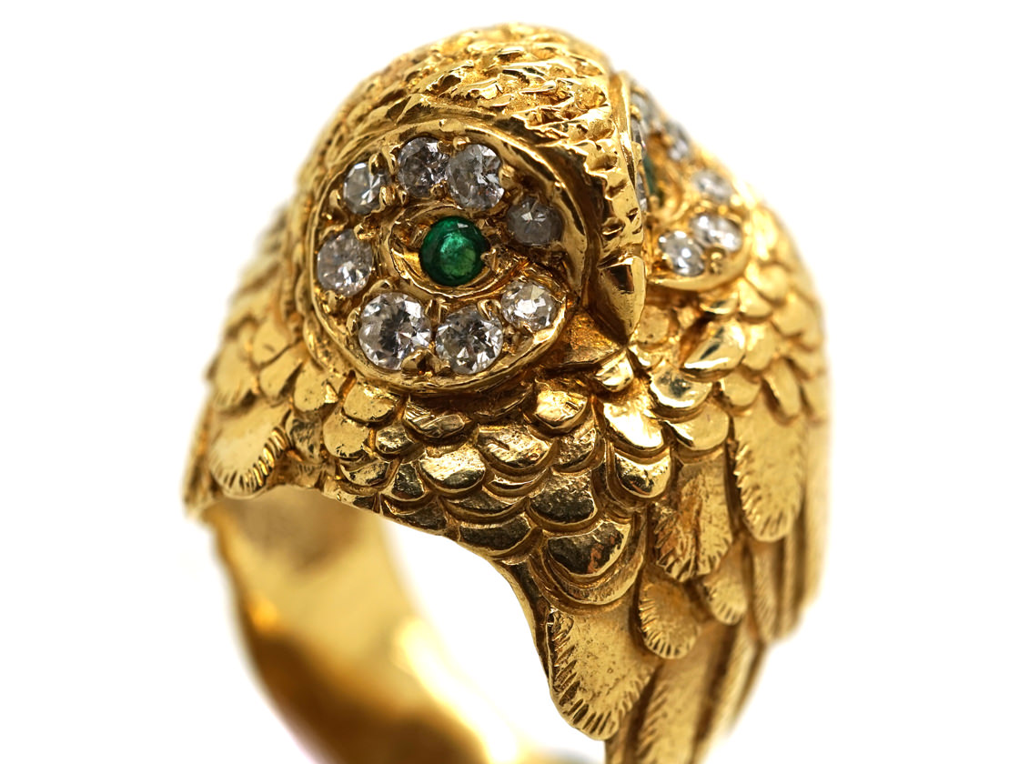 18ct Gold Owl Ring Set With Emeralds & Diamonds - The Antique Jewellery ...