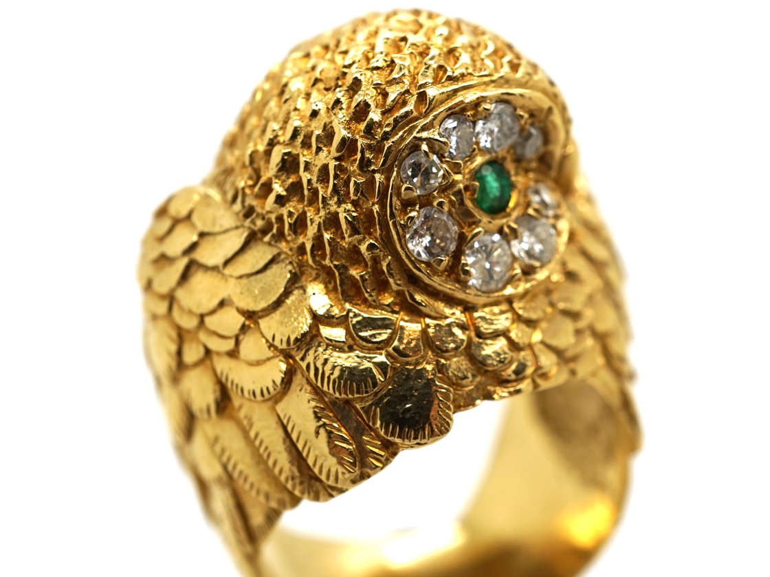 18ct Gold Owl Ring Set With Emeralds & Diamonds - The Antique Jewellery ...