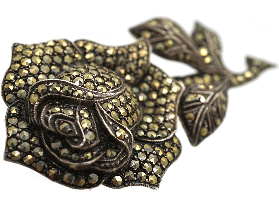 Silver & Marcasite Rose Brooch - The Antique Jewellery Company